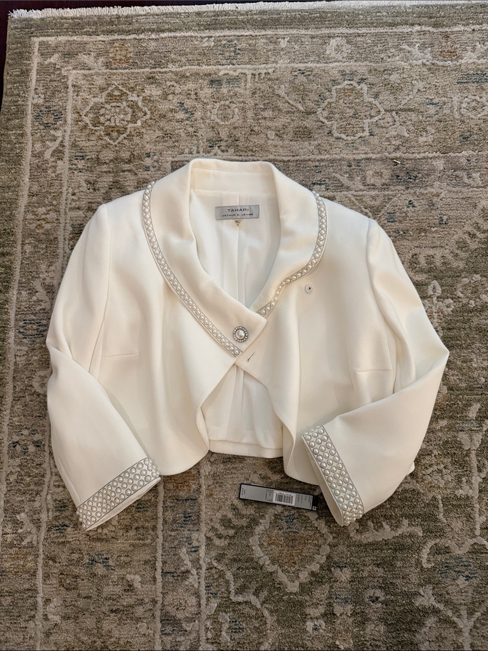 Tahari ASL Ivory Cropped Embellished Shawl Collar Jacket